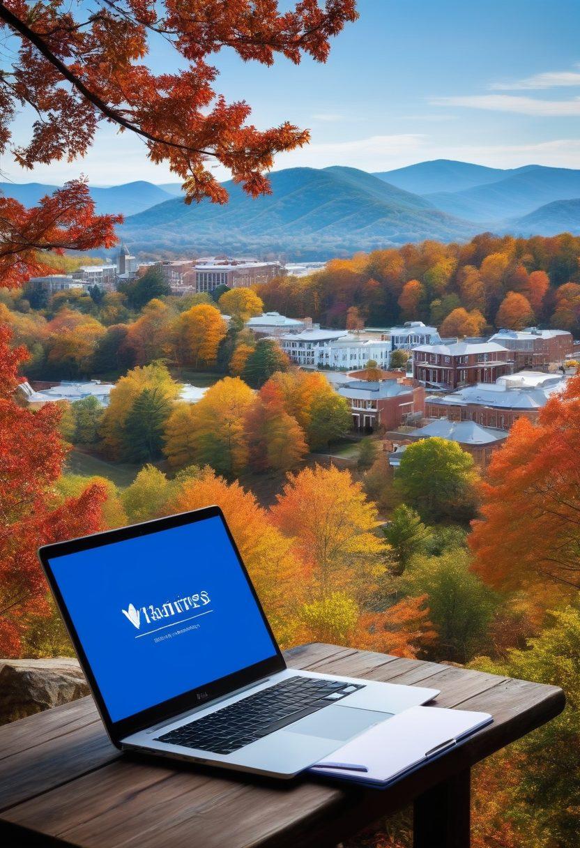 A young professional enthusiastically exploring job opportunities in Virginia, surrounded by iconic landmarks like the Blue Ridge Mountains and Richmond's historic architecture. Include a laptop displaying a job search website, a notepad filled with tips, and positive energy in the air. Vibrant colors. super-realistic. dynamic composition.