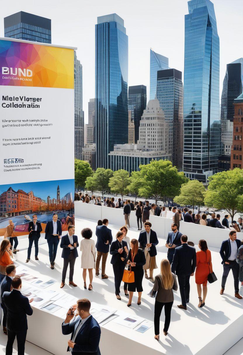 A dynamic scene depicting a diverse group of professionals engaged in networking at a modern conference. Include elements such as a large banner reading 'Building Your Brand' and various branding materials like business cards and brochures scattered around. Showcase conversations and exchanges of ideas with energy and enthusiasm, highlighting collaboration and professional growth. The background should feature a sleek cityscape symbolizing success. vibrant colors. super-realistic. white background.