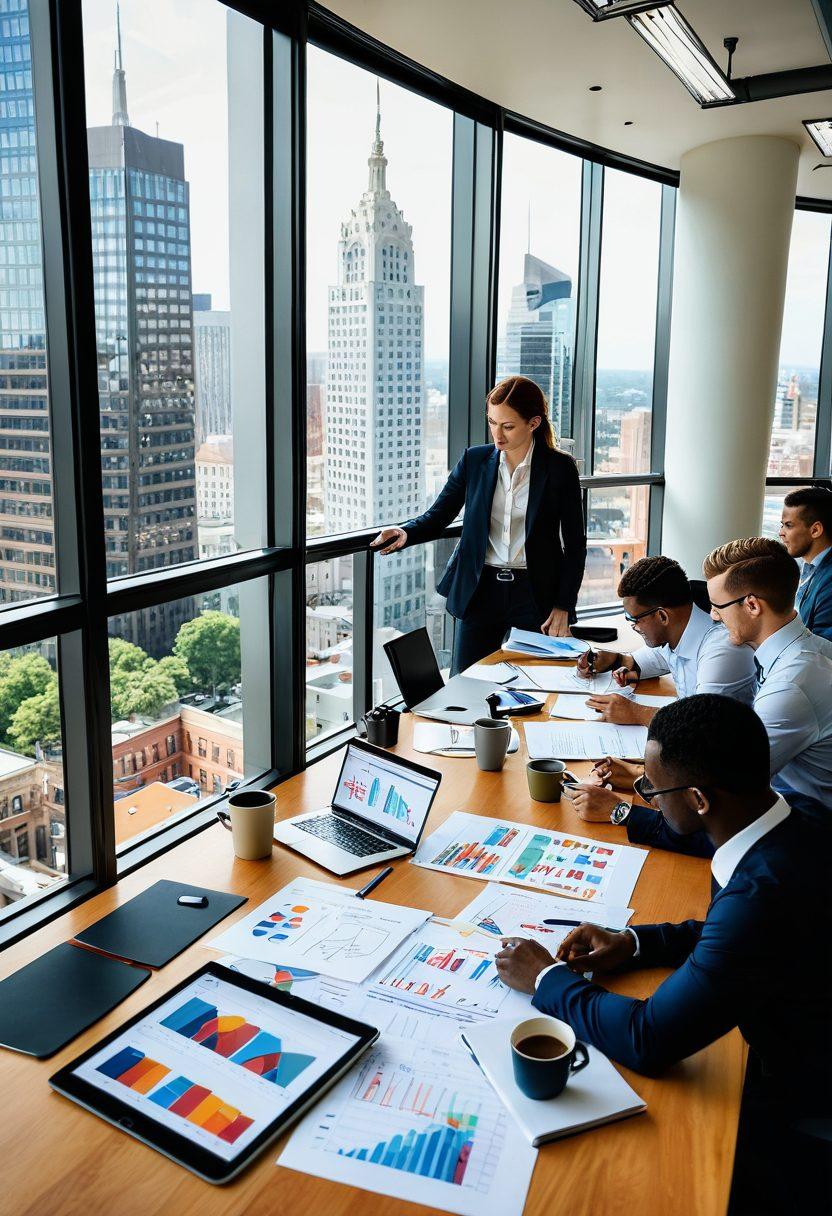 A dynamic and inspiring scene depicting a diverse group of young professionals in a bright, modern office setting, collaborating and discussing strategies. In the background, a large window showcases a vibrant cityscape symbolizing Virginia's job opportunities. Elements like laptops, charts, and coffee cups enhance the energetic atmosphere. The overall tone should evoke a sense of ambition and possibility. super-realistic. vibrant colors. 3D.